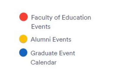 A legend with red, yellow, and blue dots that says "Faculty of Education Events," "Alumni Events," and "Graduate Event Calendar."