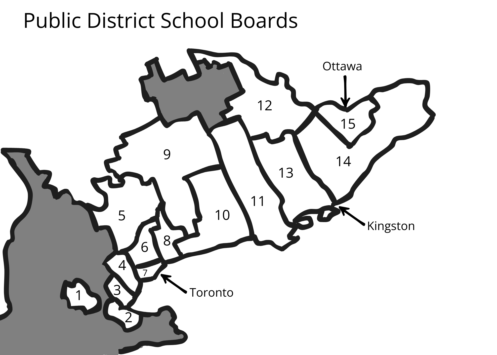 A map of Ontario highlighting the public district school boards in use