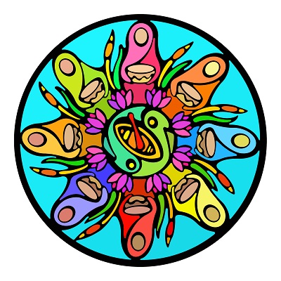 Colourful illustration with the shapes of people in a circle with drums by Portia Chapman.