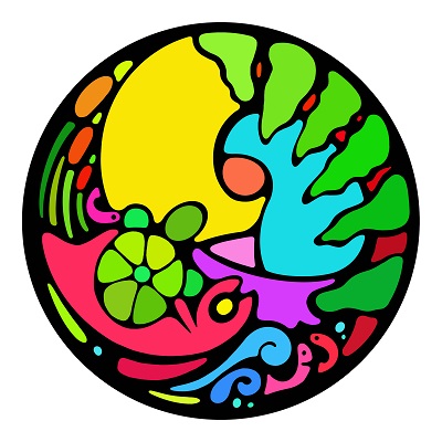 Colourful illustration of shapes with black outlines by Portia Chapman